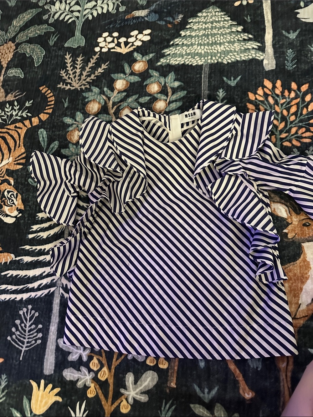 MSGM Navy & White Diagonal Stripe Ruffle Blouse